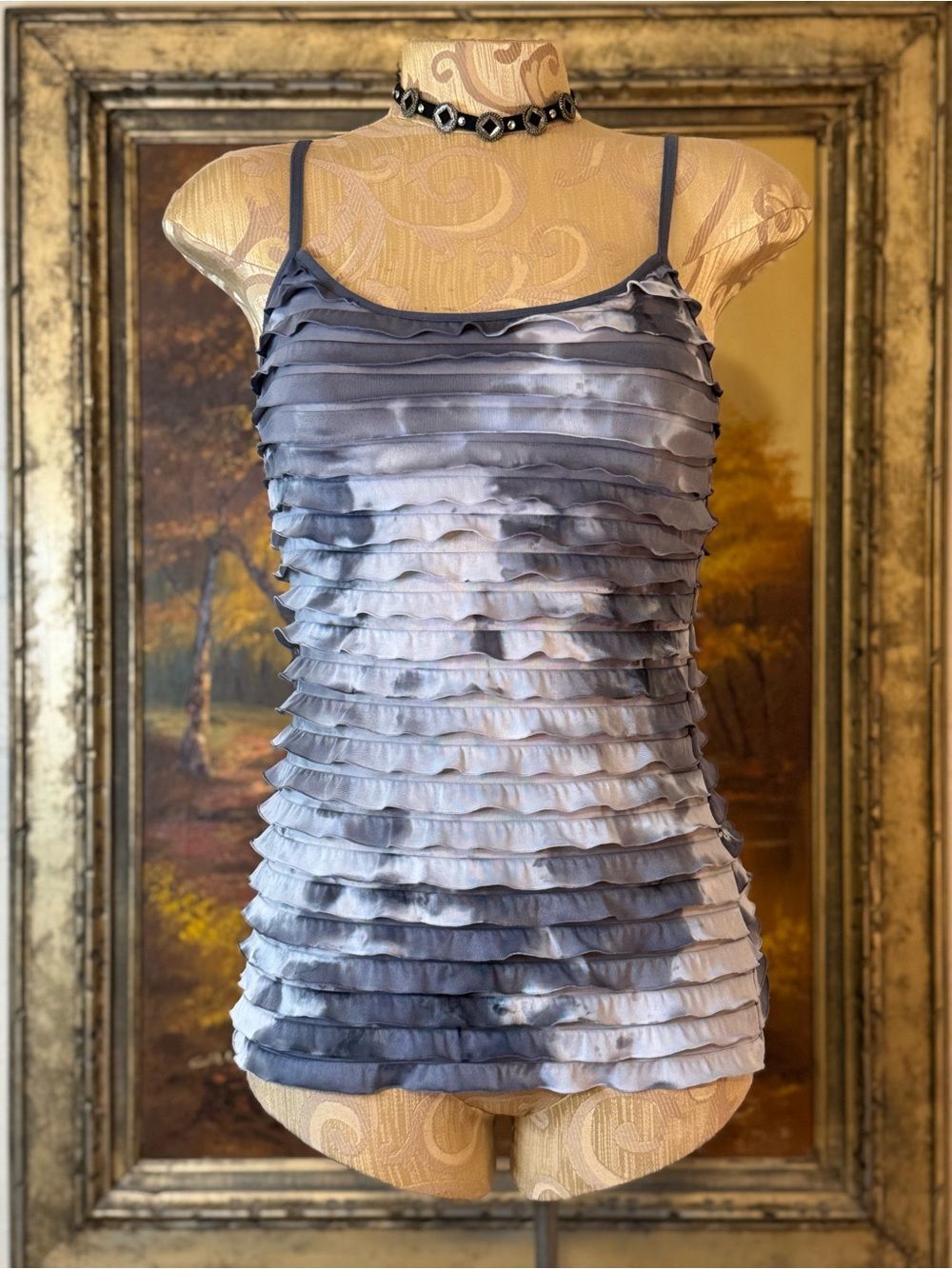 Energie Y2K 2009 Abstract Blue Gray mesh ruffle adjustable cami bra top
